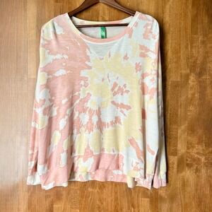 Honeydew Tie Dye Long Sleeve Top, Women's‎ Relaxed Fit Pullover, Pink Yellow